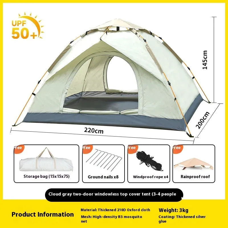 Cloud gray outdoor automatic folding camping tent with two doors and two windows, set up on grass with waterproof rainfly