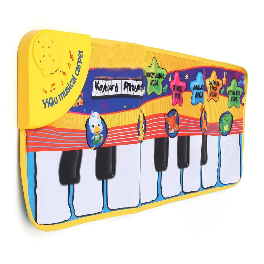 Baby musical piano playmat with colourful shapes and kick-activated placket on soft fabric floor mat