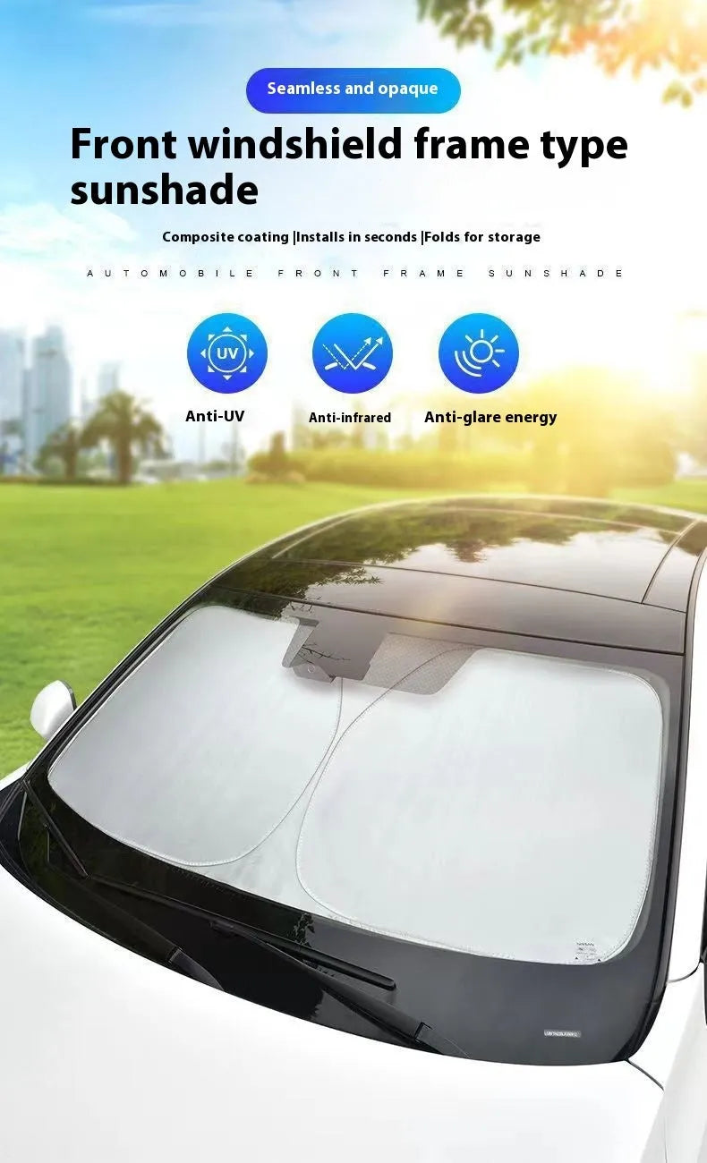 Titanium silver aluminium foil car sunshade folded, showing reflective surface and size options for windscreen protection.
