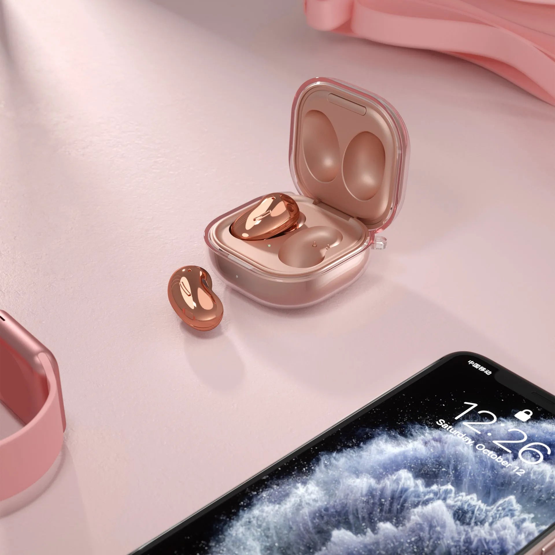 A transparent clamshell-style plastic case for Bluetooth earphones.