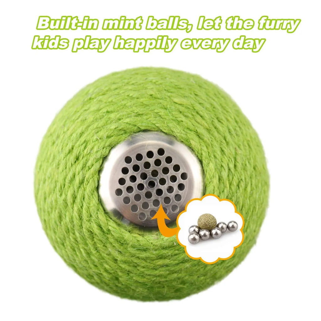 Green cactus-shaped cat scratcher with sisal fibres and attached tumbler ball for indoor play