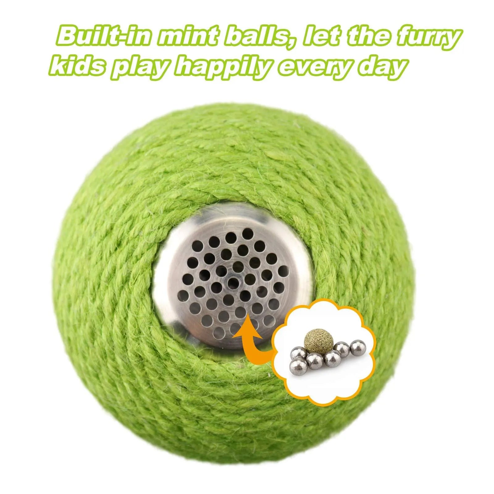 Green cactus-shaped cat scratcher with sisal fibres and attached tumbler ball for indoor play