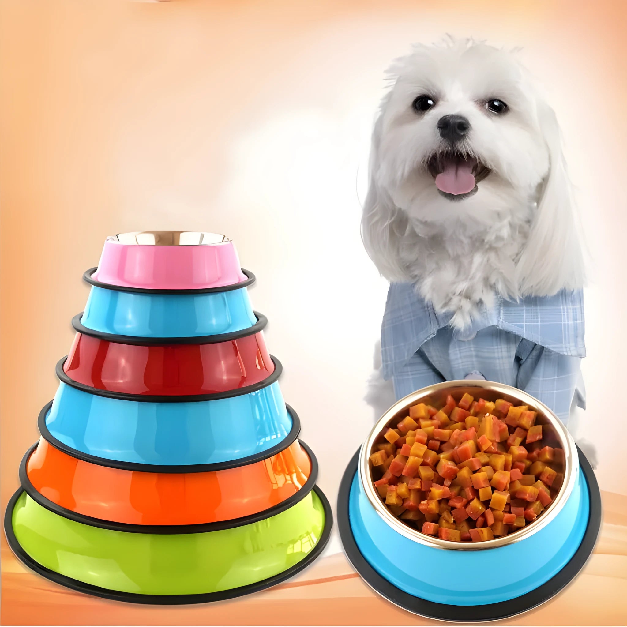 Stainless steel pet bowl inside colourful melamine pot with non-slip rubber base