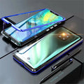 Black magnetic phone case for Huawei with metal frame and clear tempered glass back.