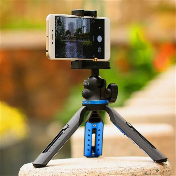 Black desktop mobile phone tripod for Apple iPhone and Huawei P30 models.
