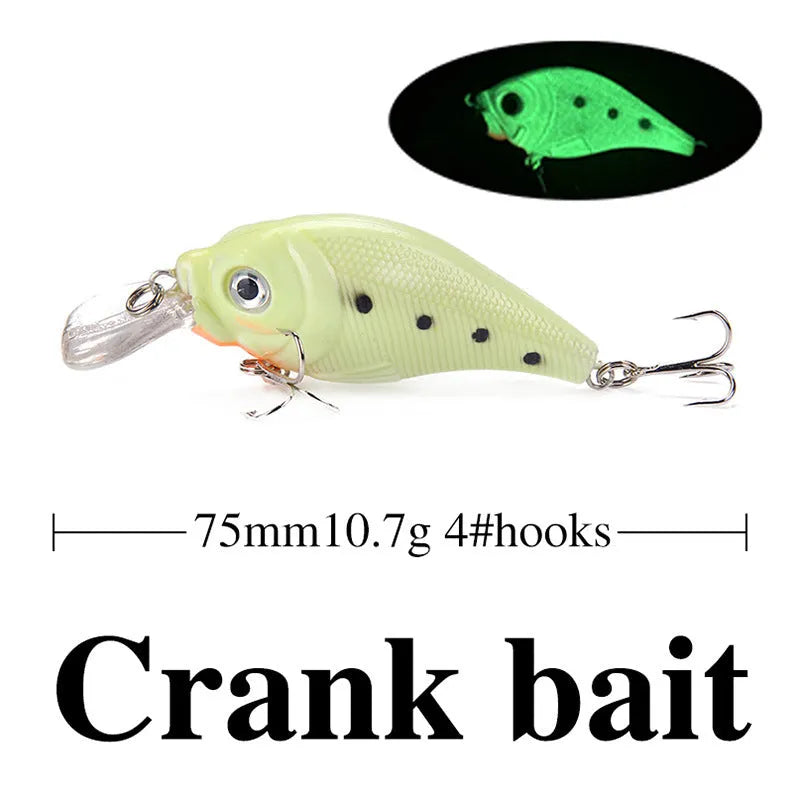 Set of five multi-colour 3D fluorescent hard fishing lures with luminous details.