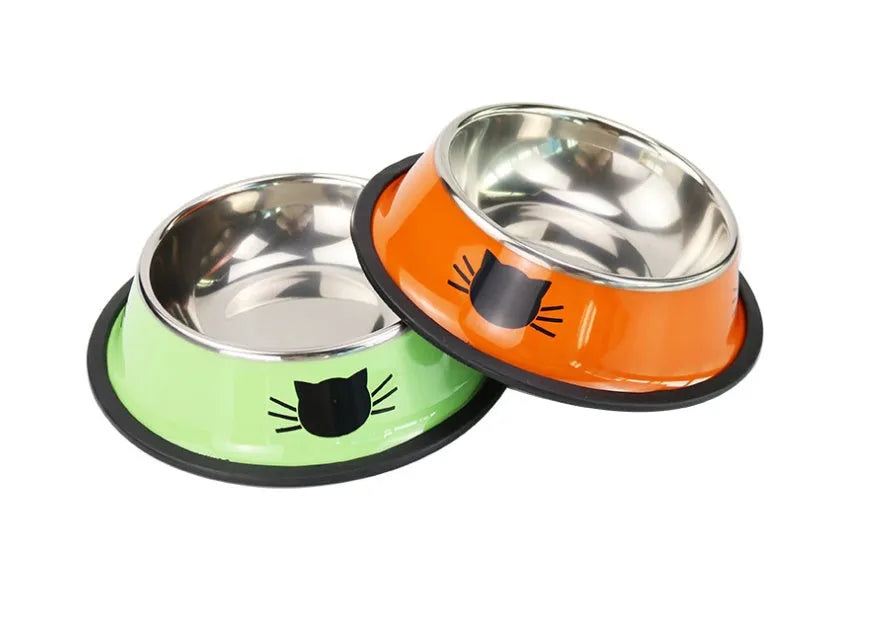 Stainless steel non-slip cat bowl set, 11.5 x 15.5 x 3.5 cm, in purple orange green multicolour