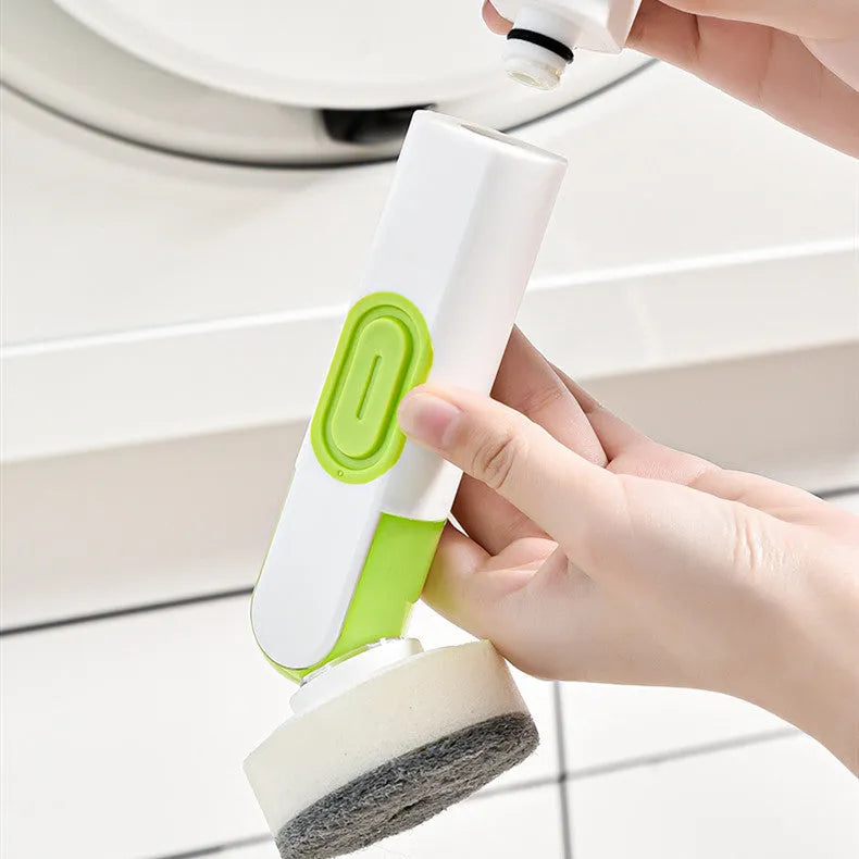 White and red long-handle cleaning brush with liquid dispenser and two brush heads for kitchen use