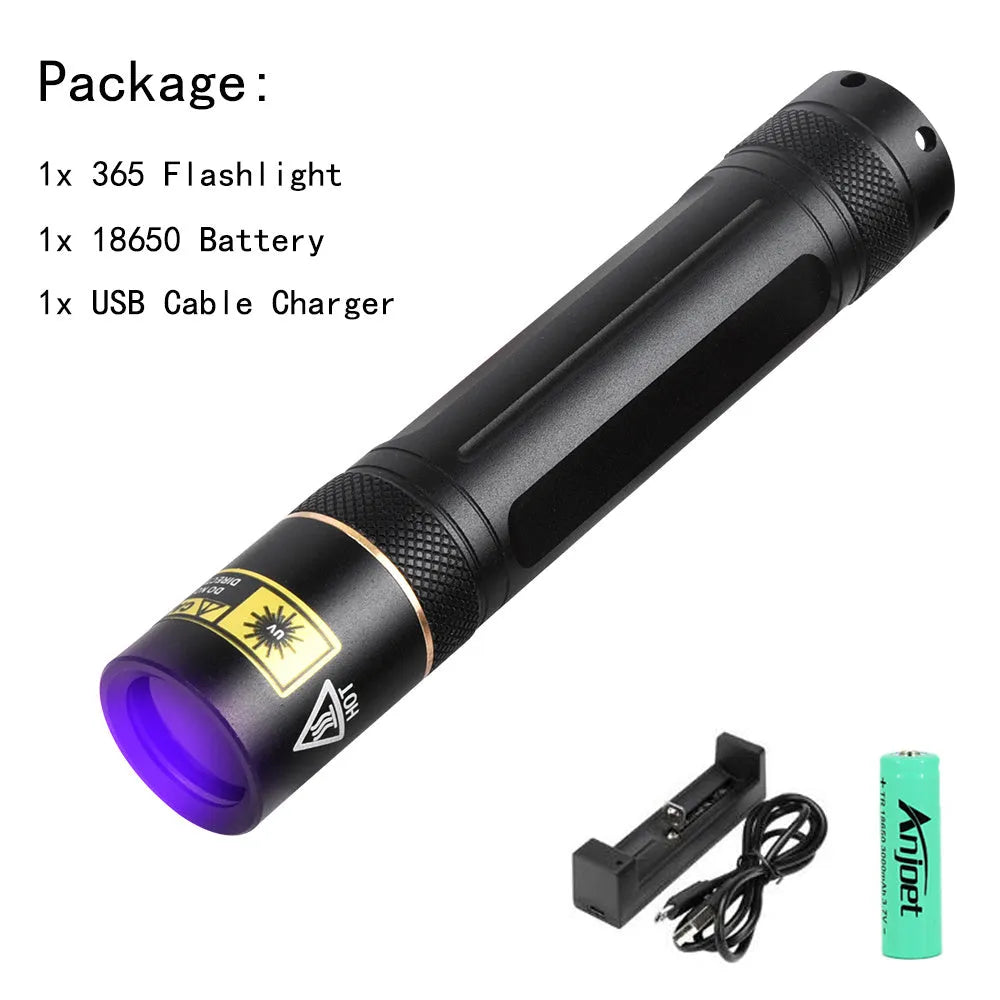 Black aluminium alloy handheld UV flashlight emitting 365nm ultraviolet light for detection tasks.
