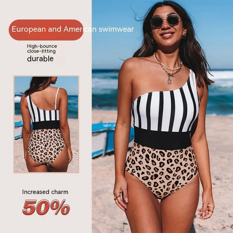 Women's leopard print one-piece swimsuit with asymmetric collar and high waist design