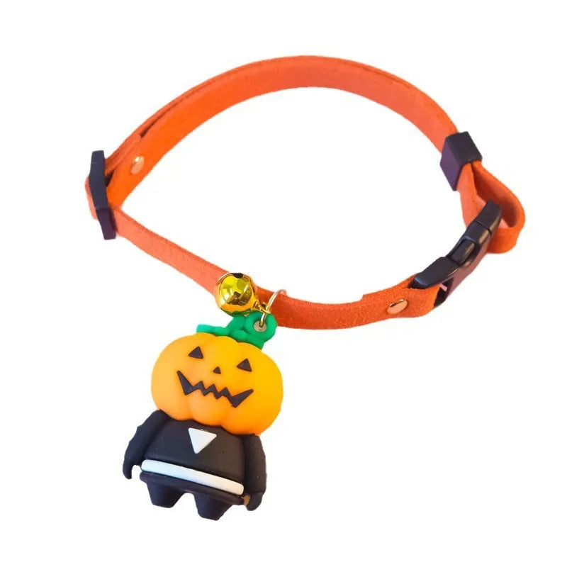 Halloween dog collar decoration in luminous Pumpkin Man design on adjustable polyester strap.