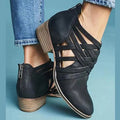 Women's pointed thick heel hollow short boots in suede with back zipper, 6-8cm heel, round toe