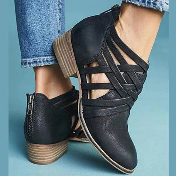 Women's pointed thick heel hollow short boots in suede with back zipper, 6-8cm heel, round toe