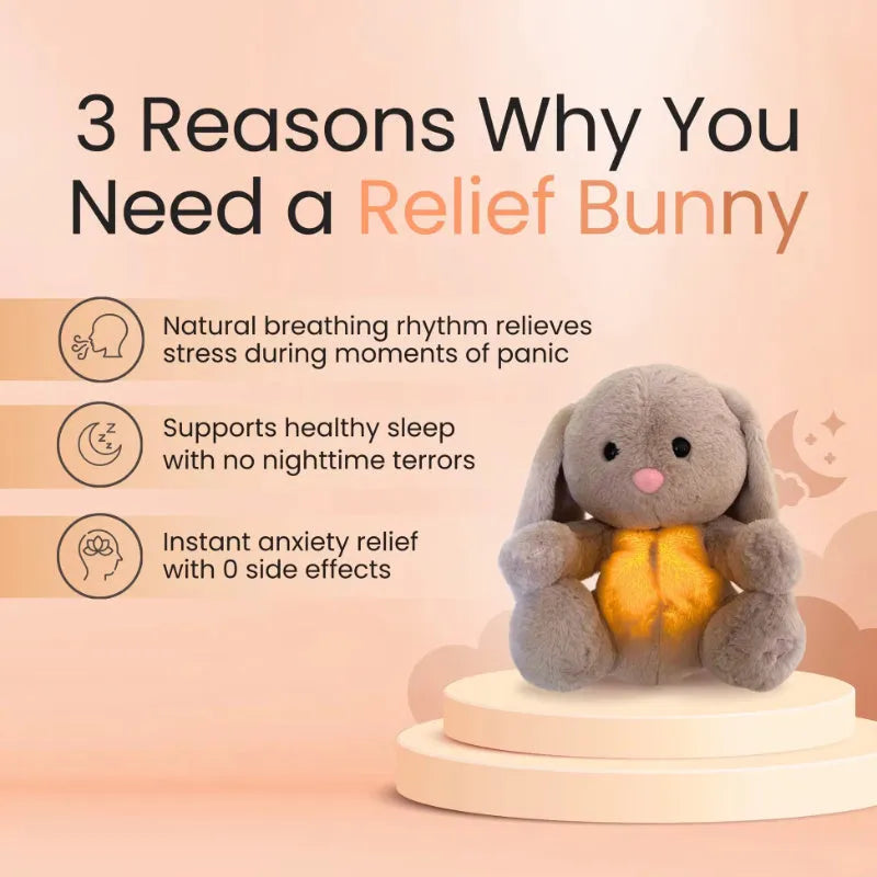 Breathing rabbit plush toy with moving belly and calming features for baby sensory development