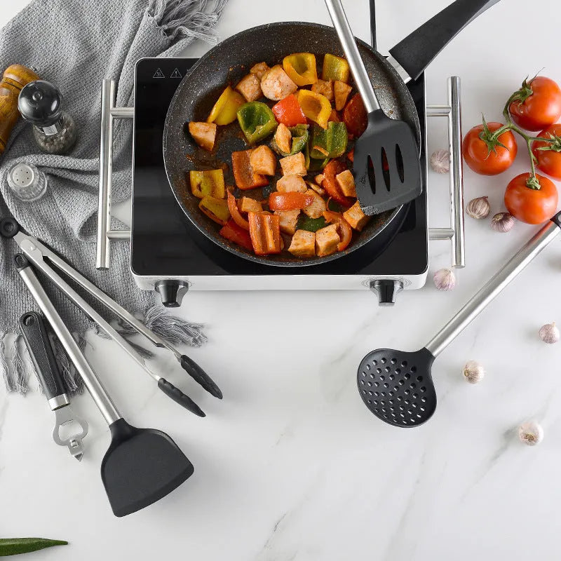 Black silicone and stainless steel kitchen utensil set with 16 pieces for cooking tasks
