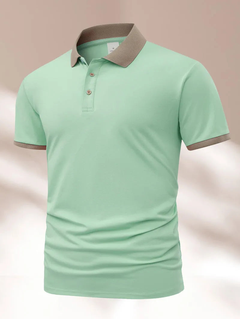 Summer polo shirt in Ice Silk fabric with printed flocking design, shown in multiple colour options