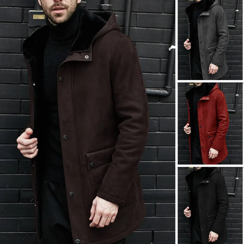 Men's casual fleece hooded jacket in solid suede fabric, available in black, red, brown, gray, sizes M to 4XL