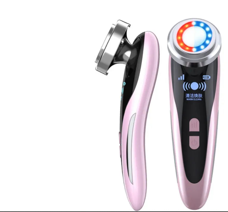 Beauty instrument cleanser in rose pink, 48x55x153 mm, with three speed buttons