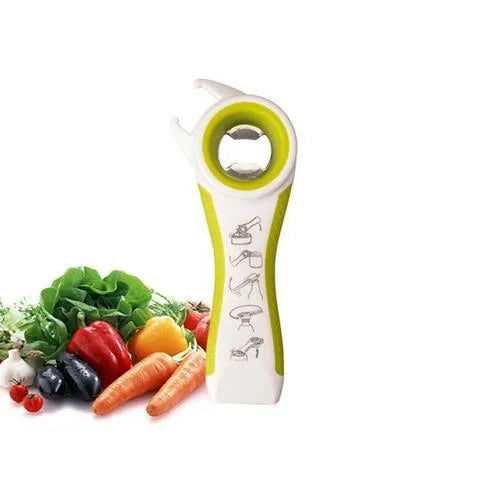5 in 1 stainless steel and PP can opener and bottle opener, 14.5 cm by 5 cm, 70 g, in black, black grey, green, purple or white.
