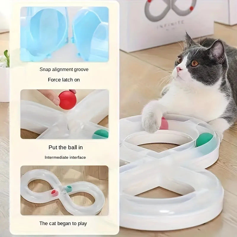 Blue and white self-moving cat turntable track toy with teasing stick for interactive play.