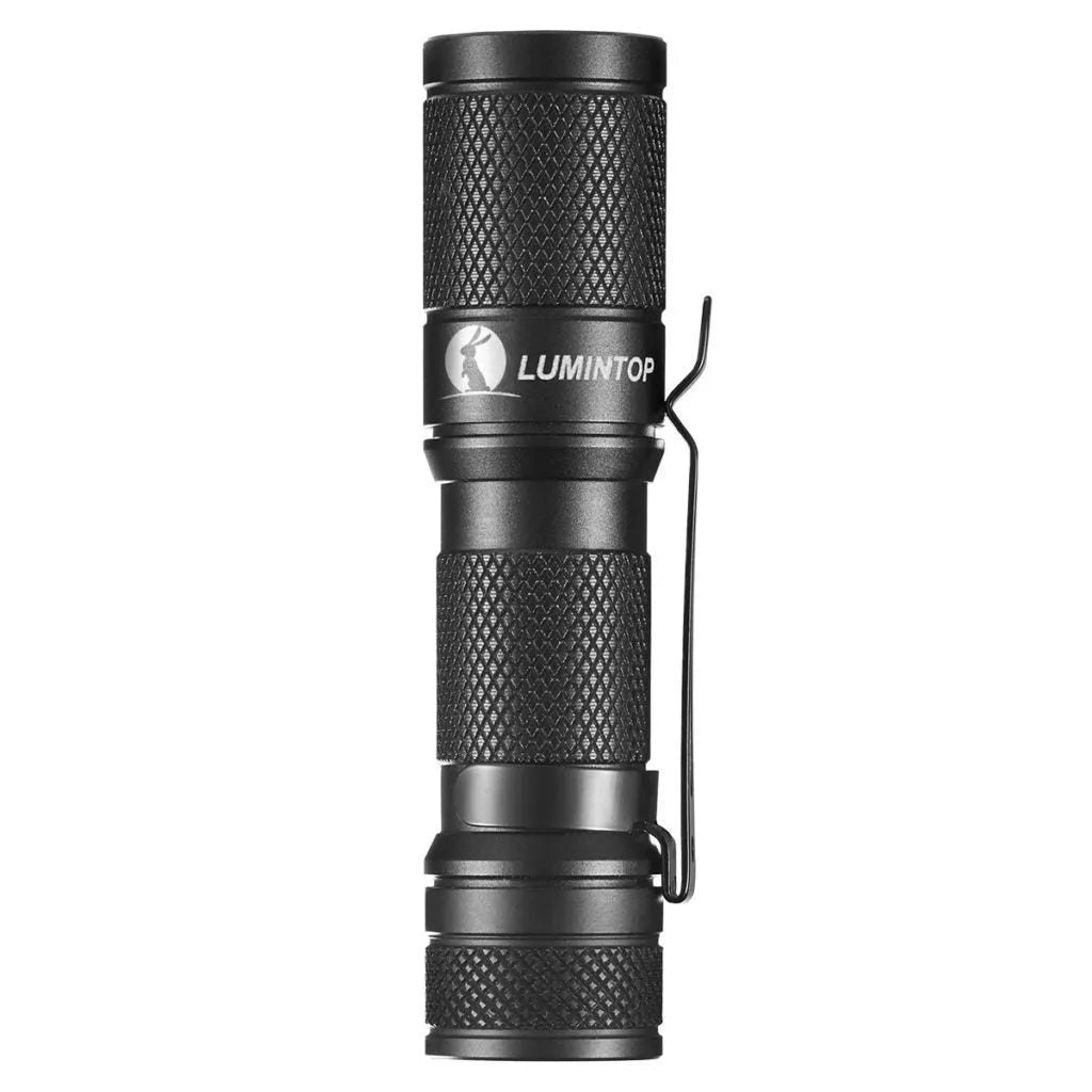 Black Lumintop Tool AA2.0 compact keychain flashlight with magnetic tail cap on a keyring.