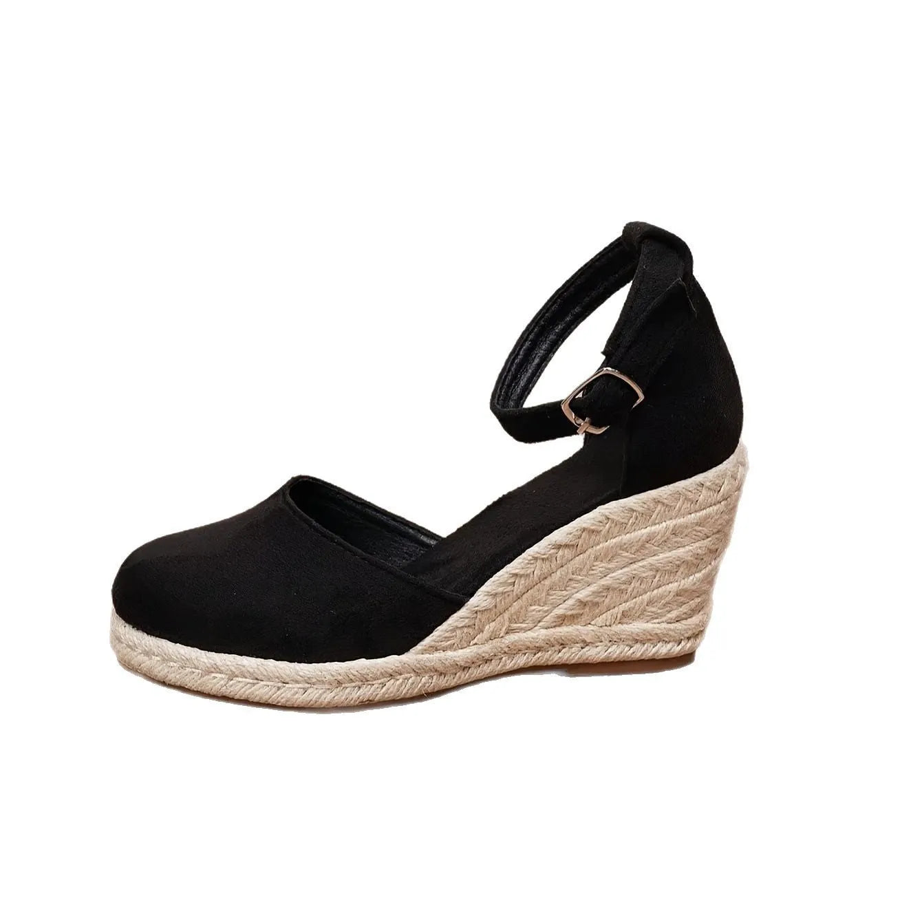 Women's apricot and black canvas wedge sandals with suede detail and a buckle fastening.