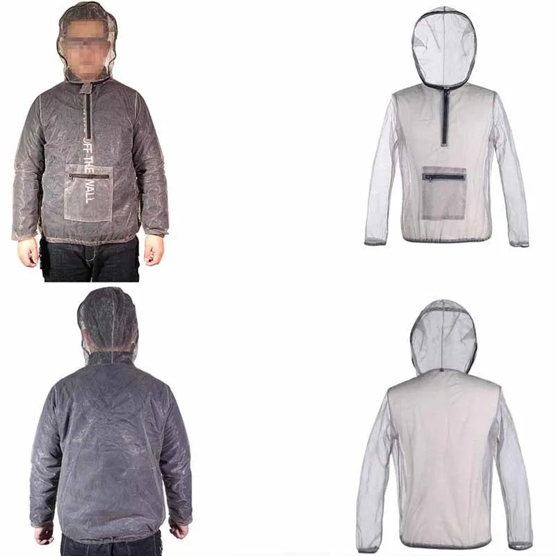 Gray breathable mesh insect bite jacket for camping fishing hiking with hood
