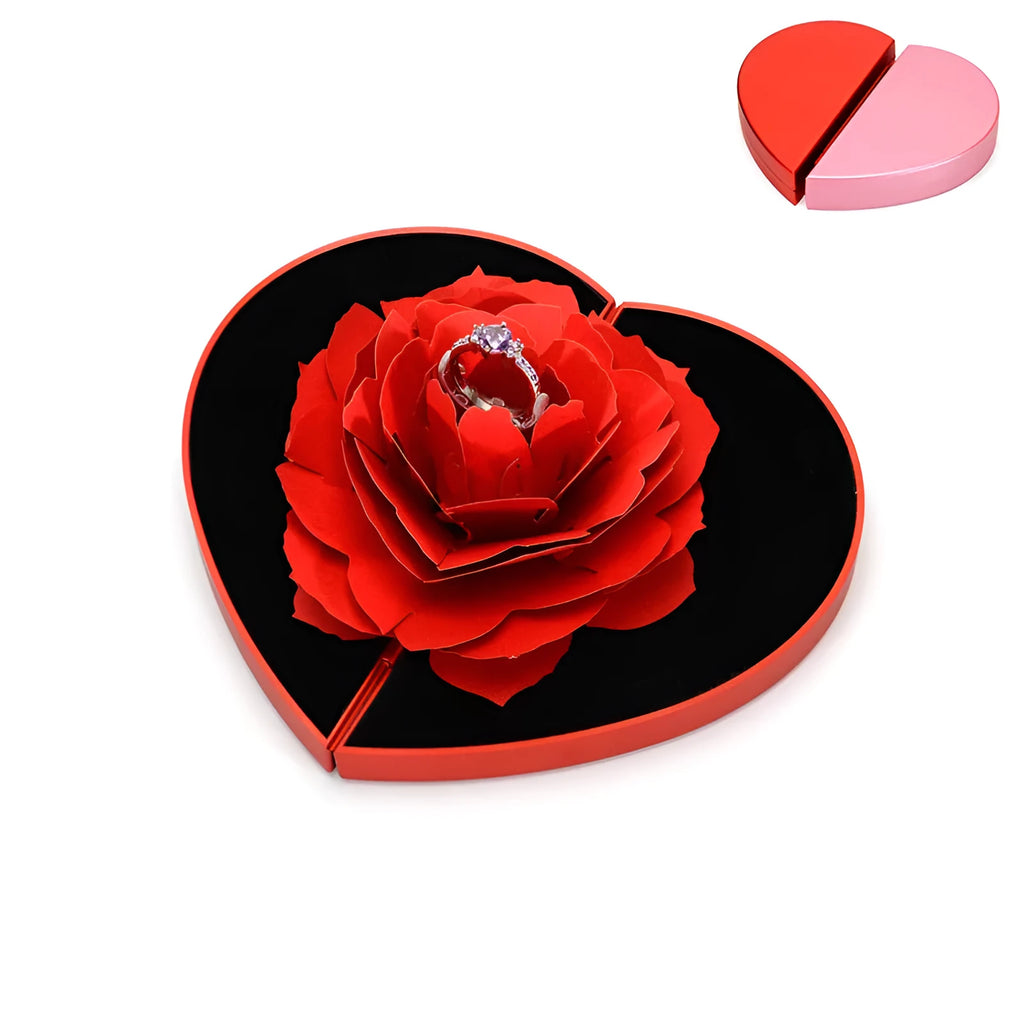 Red heart-shaped rotating ring box with 3D love design and rose flower pattern for jewellery storage