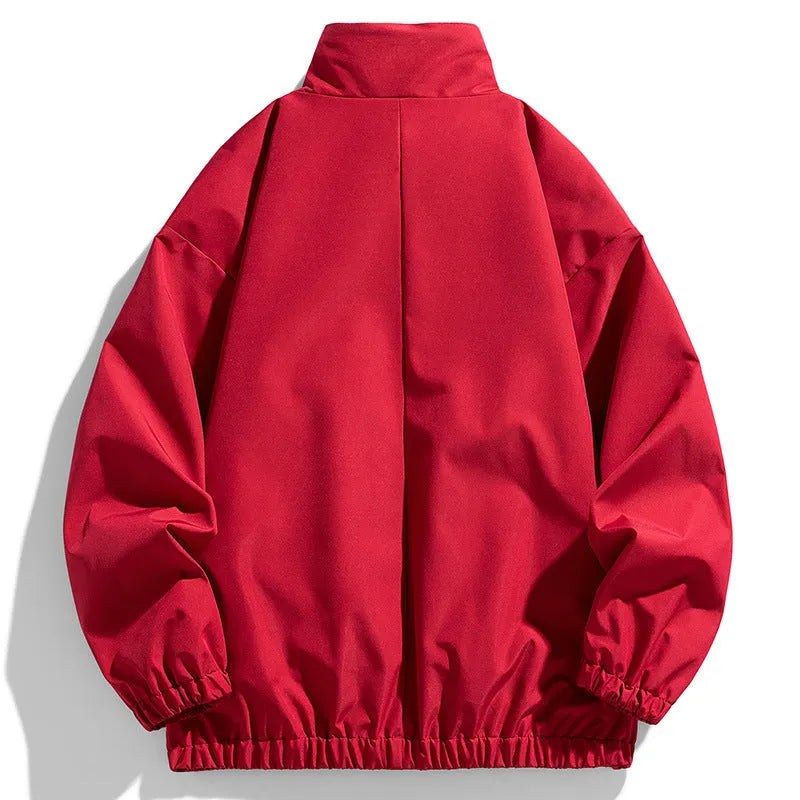 Men's double-sided stand collar jacket in solid colour, polyester, black, red, taro purple, sizes S to 4XL