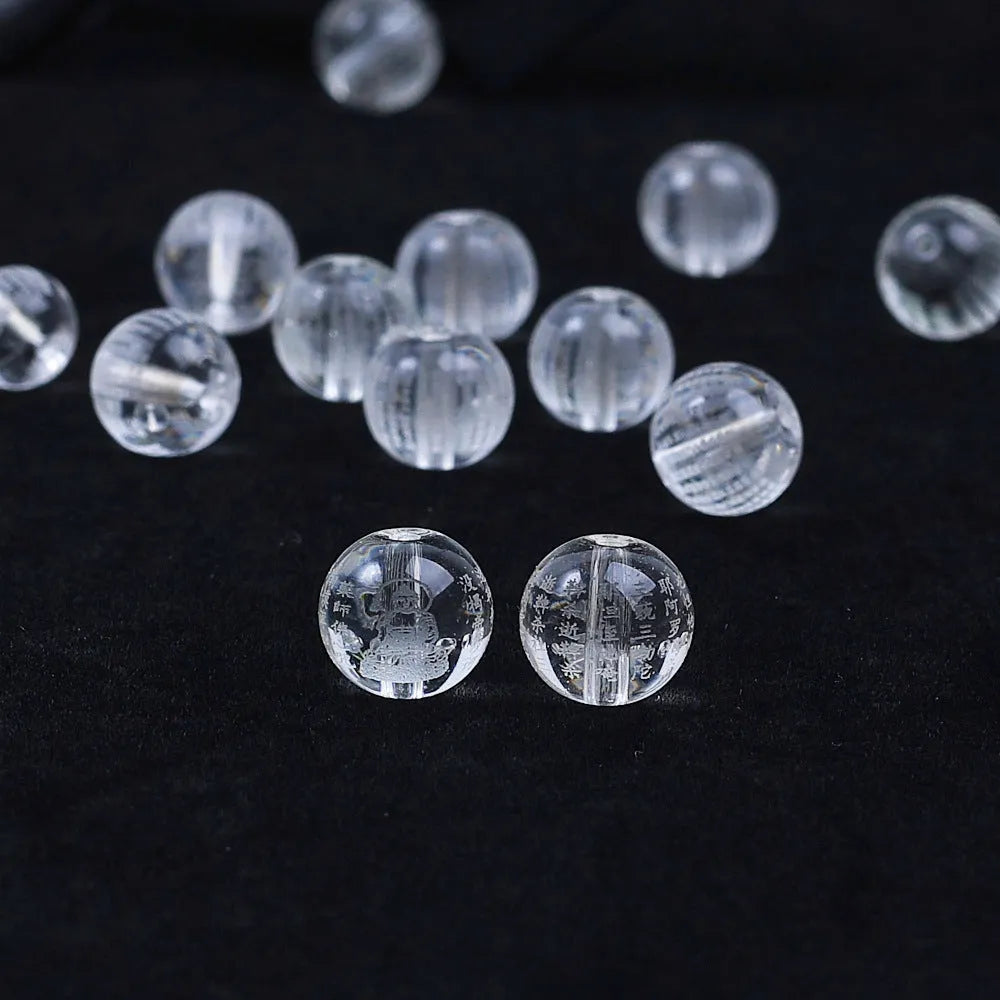 10mm glass mala beads with engraved Heart Sutra Buddhist mantras for meditation and prayer