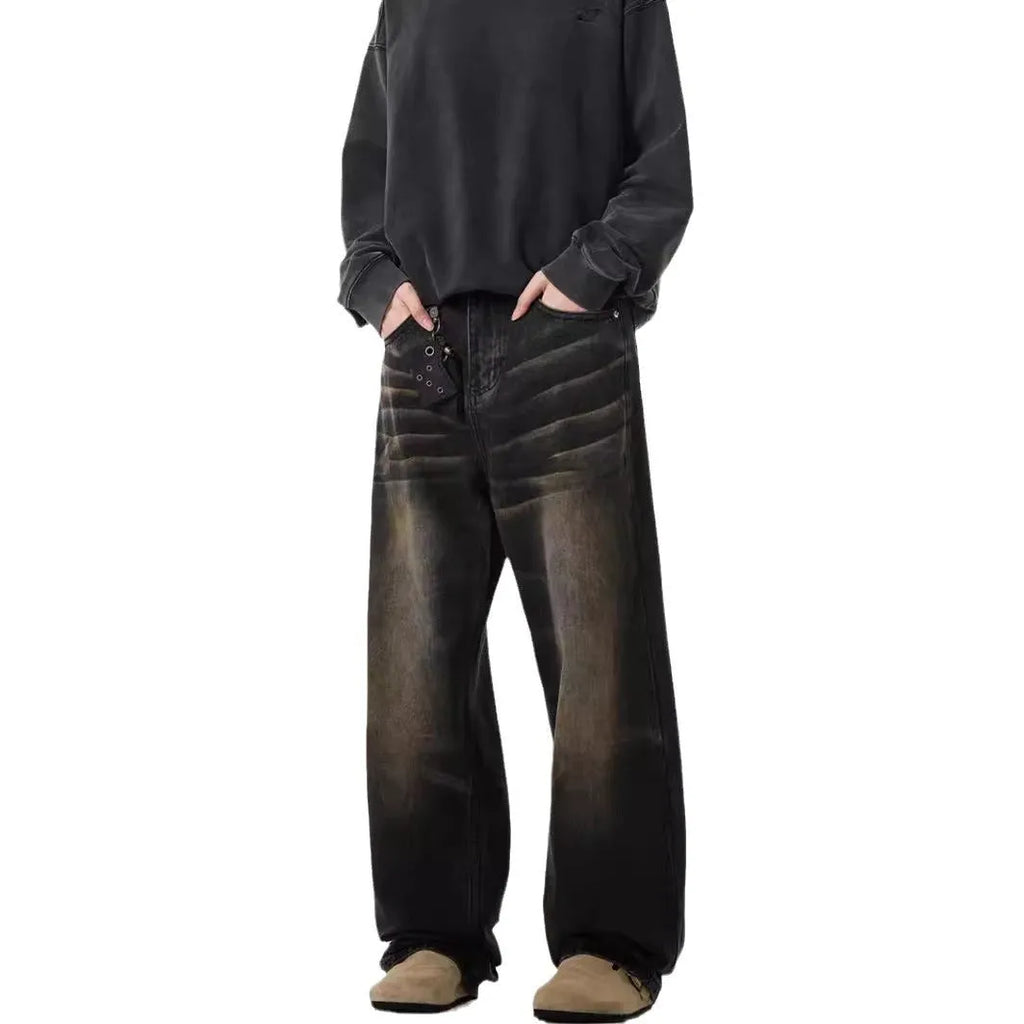 Men's retro straight-leg low-waist jeans in black and gray with high elasticity polyester denim