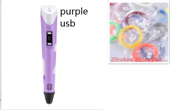 Yellow 3D printing pen with 12 colour PLA filament spools and UK power adapter on a white background