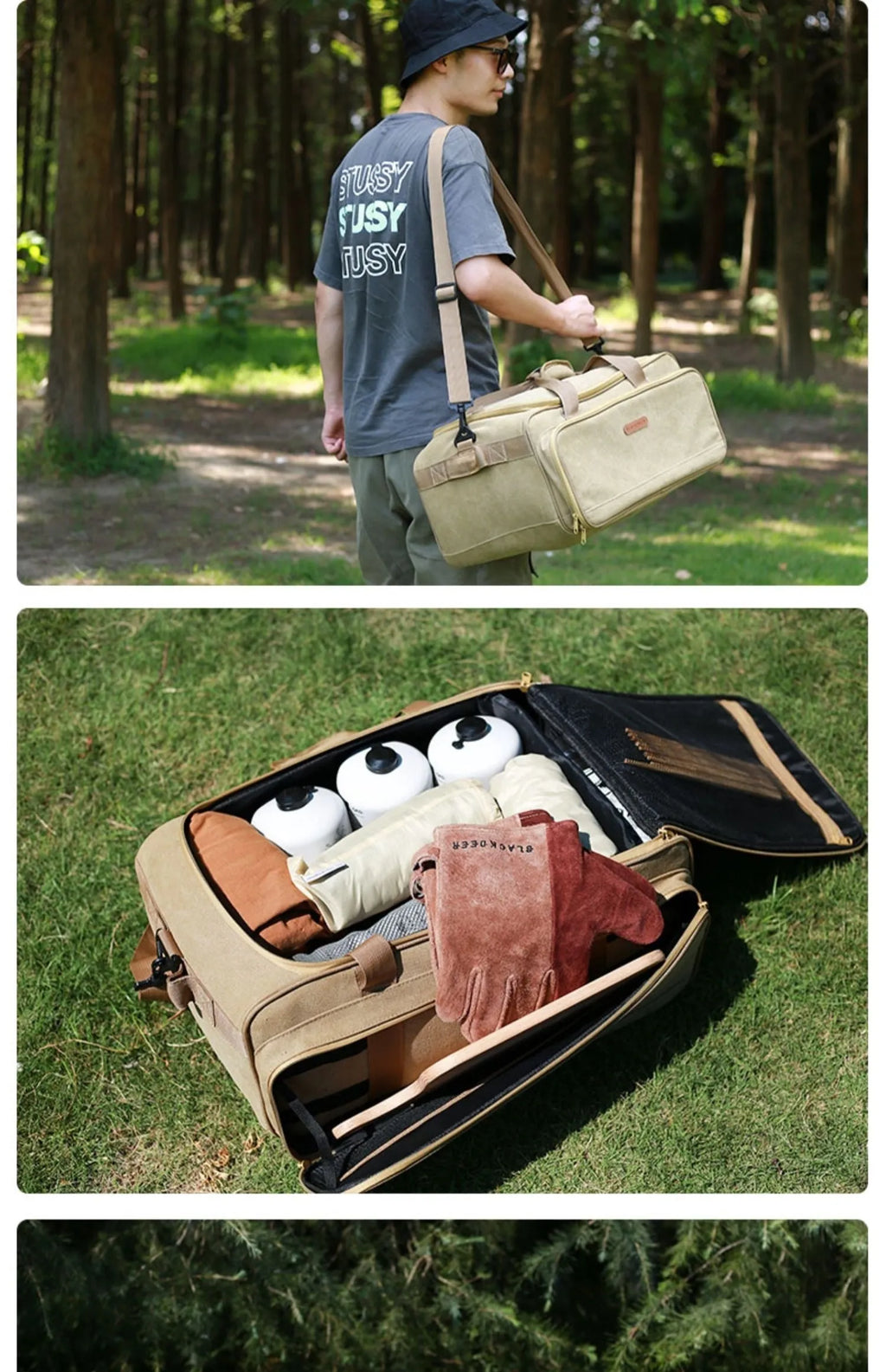 Oxford cloth camp kitchen storage bag showing 16L and 35L capacity options for outdoor cooking equipment