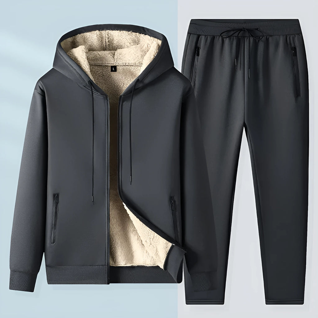 Men's black hooded jacket and matching trousers set with wool lining for autumn sports