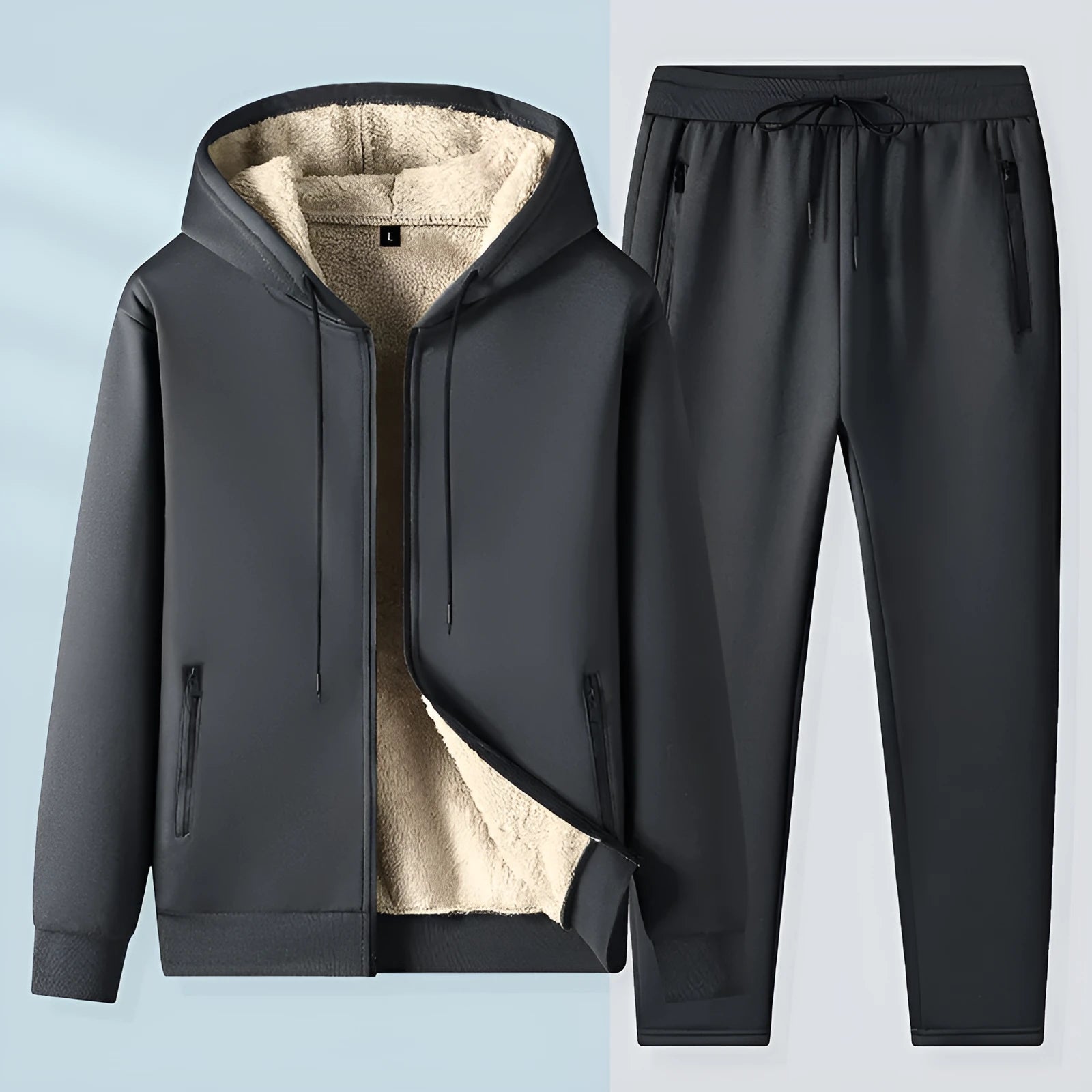 Men's black hooded jacket and matching trousers set with wool lining for autumn sports