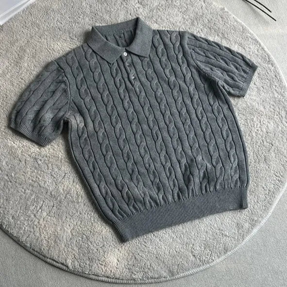 Grey knitted cotton summer T-shirt with short sleeves in youth style