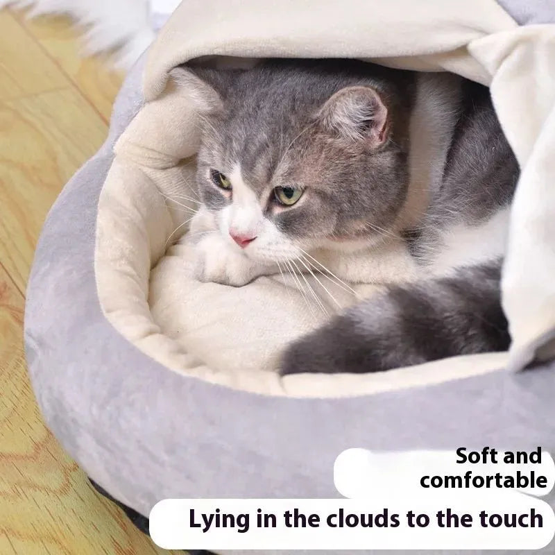 Grey semi-closed curtain cat nest, 50x40cm, short plush and PP cotton, indoor winter pet bed