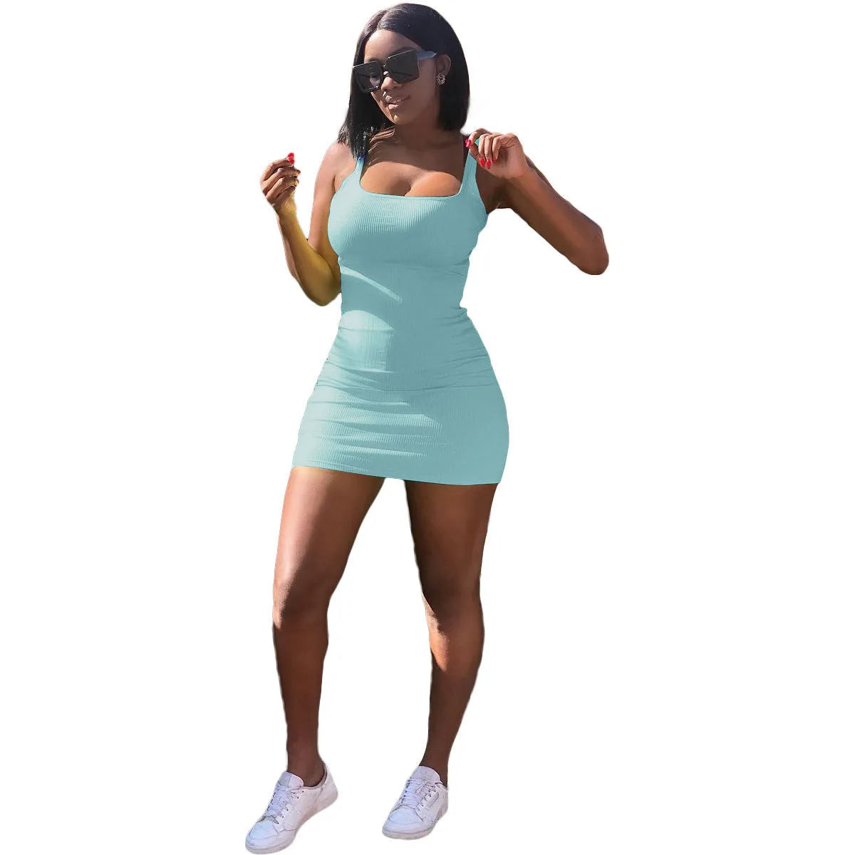 Women's casual slim-fit strap dress with big U-neck and sunken stripe pattern in light green.