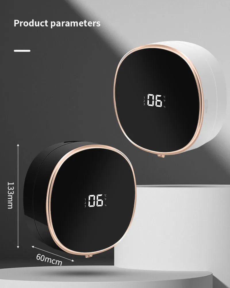 White automatic soap dispenser with infrared sensor showing liquid foam dispensing