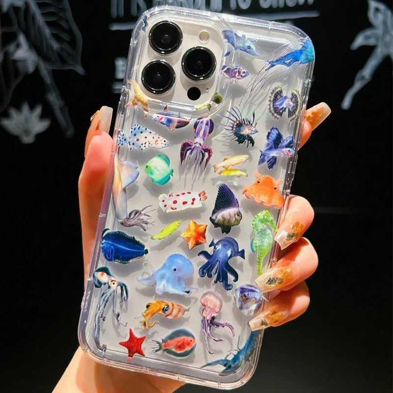TPU transparent phone case with airbag corners and marine animal artwork for Apple iPhone