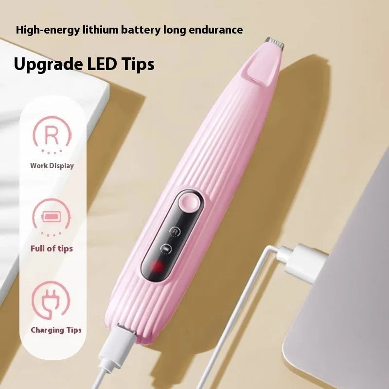 Low-noise rechargeable electric pet nail grinder in pink, with compact body and grinding head