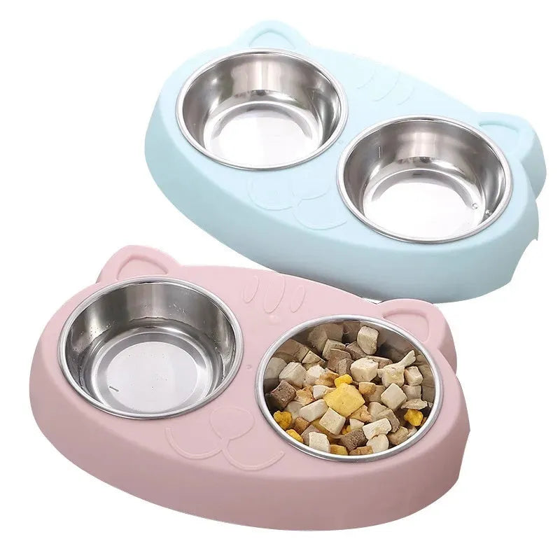 Blue plastic double bowl pet feeding tray for cats and dogs with food and water compartments