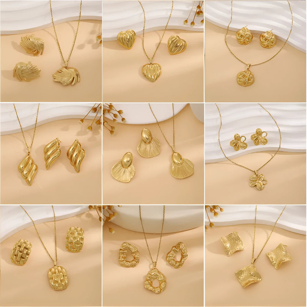 Geometric leaves texture flower love heart earrings and necklace set on a stainless steel pendant with regular chain