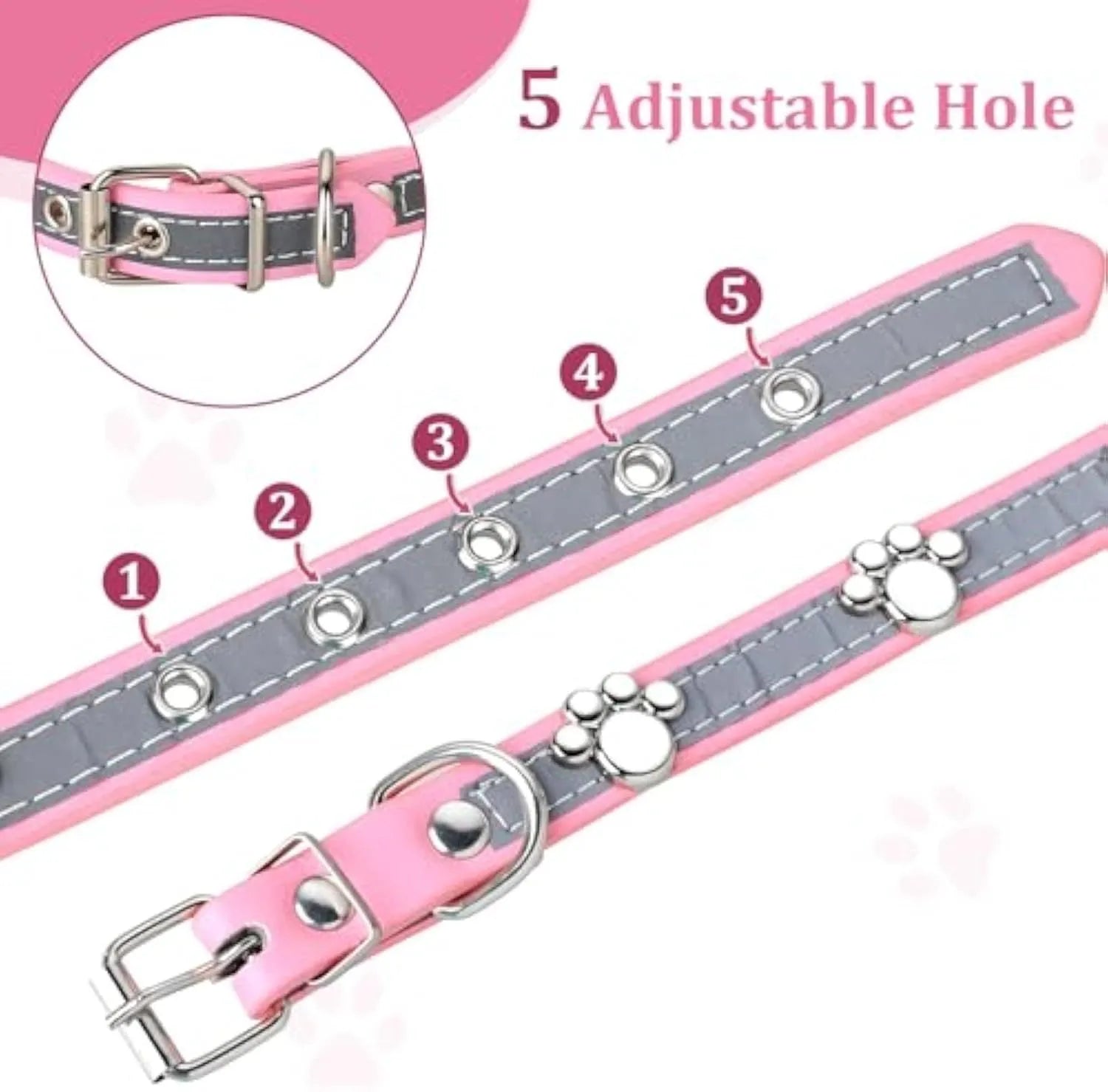 Reflective adjustable PU leather dog collar with metal buckle and decorative paw rivet.