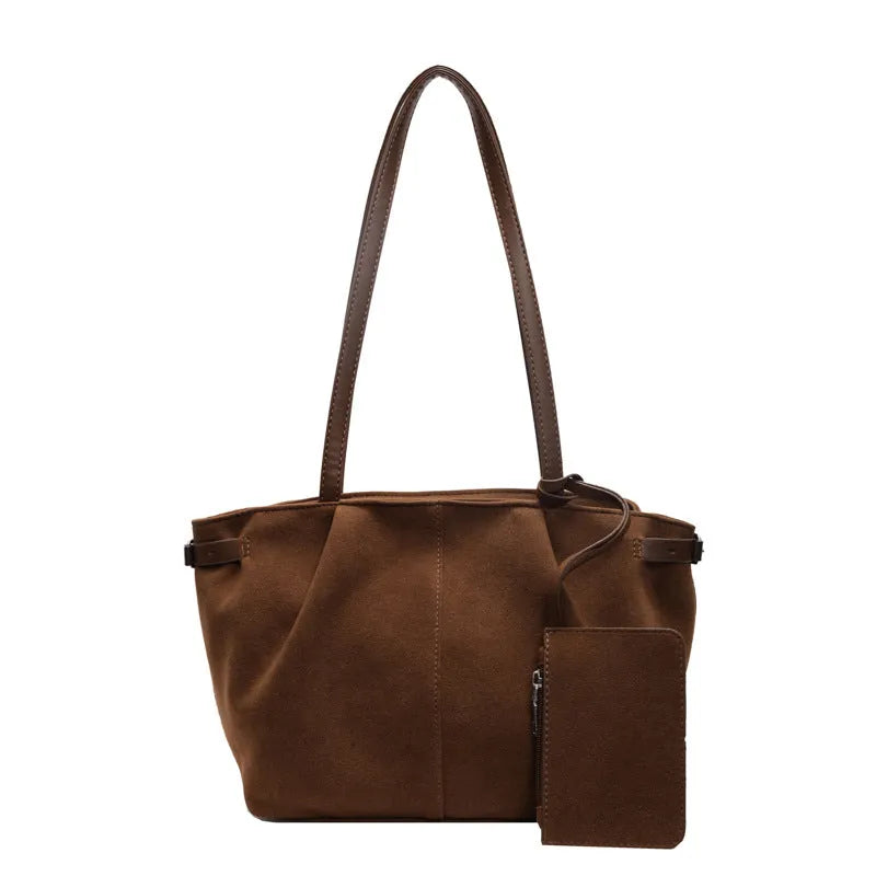 Suede casual commute shoulder bag, PU, 36x12x21cm, horizontal square, black brown coffee