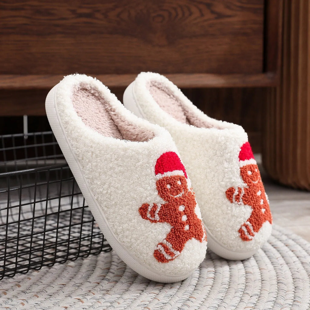 Christmas gingerbread cotton slippers for adults with suede upper, sewn PVC sole and EVA foam midsole