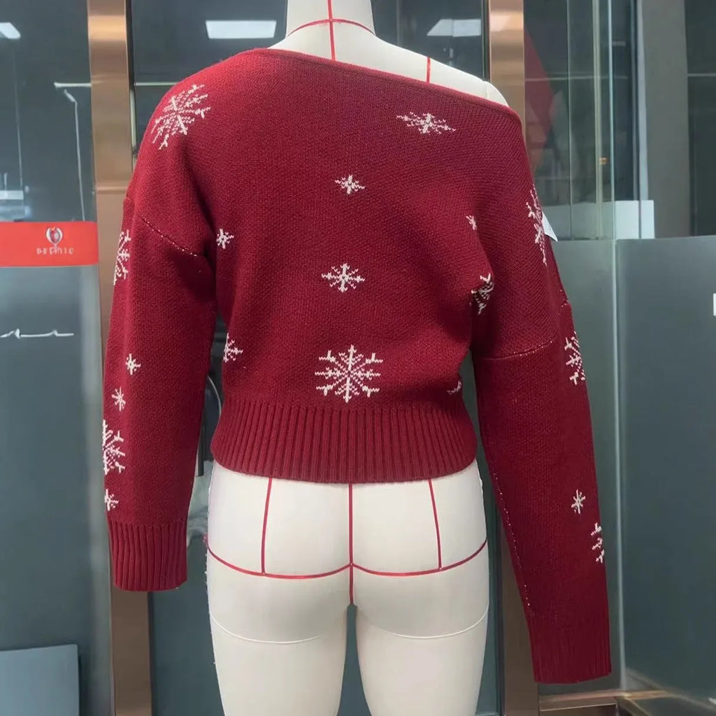 Women's red snowflake jacquard boat neck pullover Christmas sweater with crocheted flowers