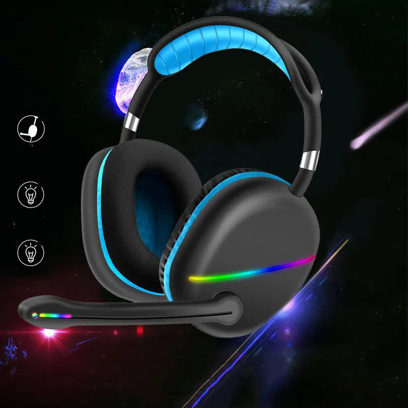 Wireless Bluetooth headset with RGB colour-changing lights on headband and earcups