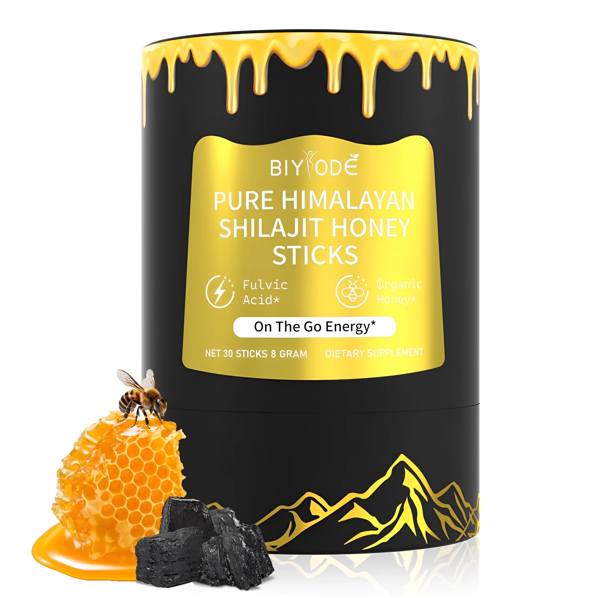 Bottle of 30 shilajit honey sticks with honey, shilajit extract, and saffron for energy support