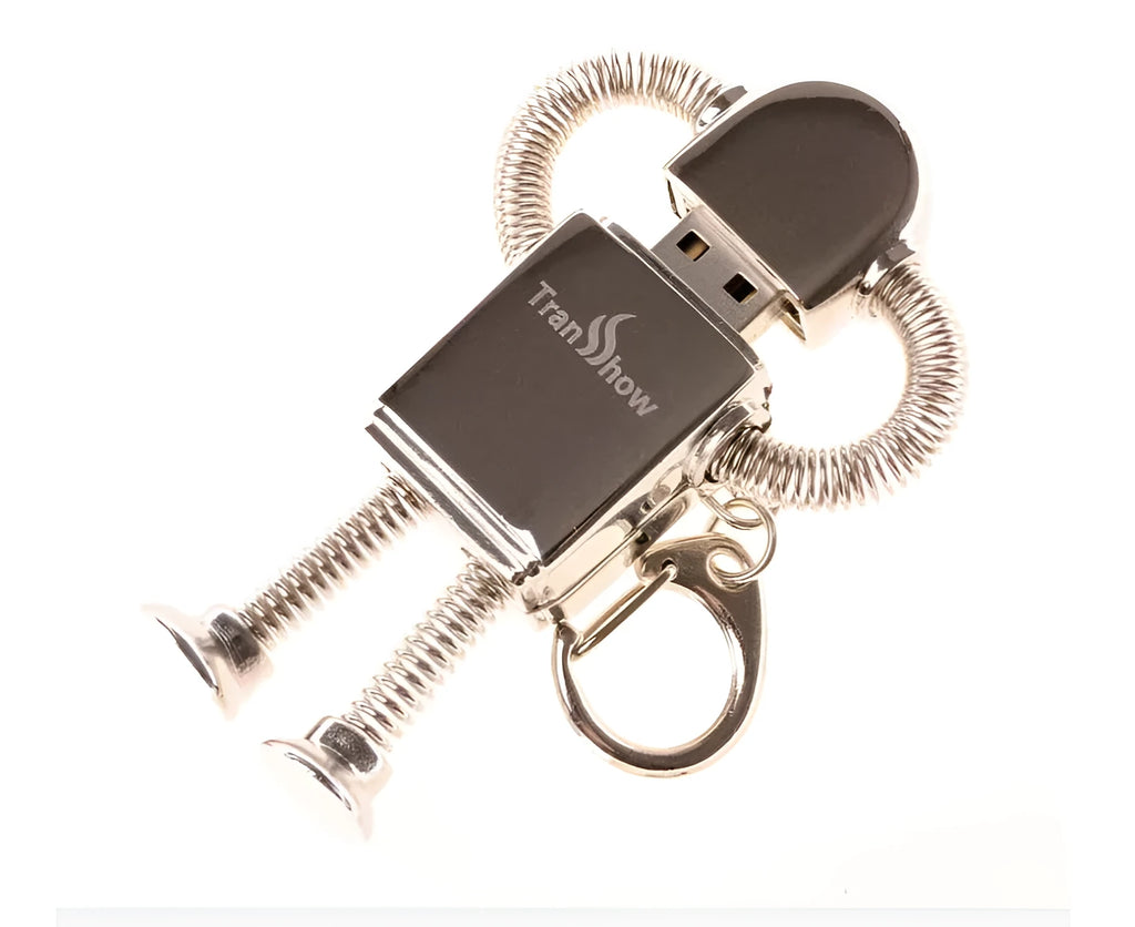Metal robot U disk in silver with spring-extended USB connector on a white background